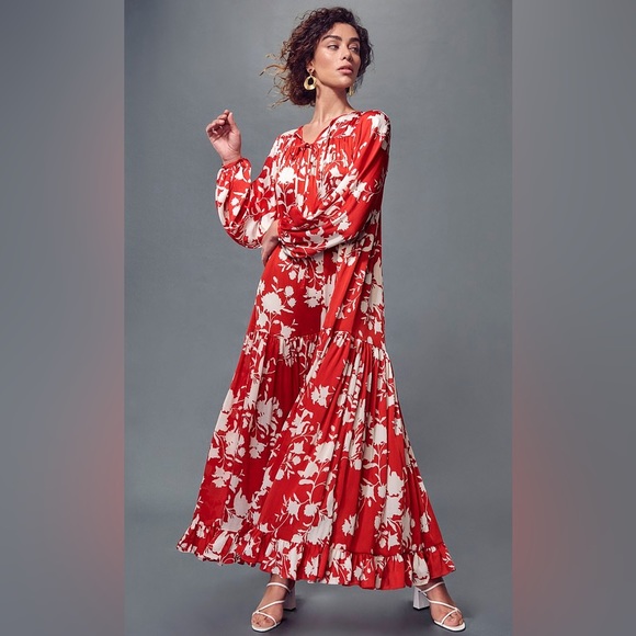 JOHANNA ORTIZ x H&M Voluminous Satin Maxi Dress in Red/Wild Roses - Picture 2 of 16